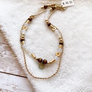 Macy’s Layered Beaded Two Row Necklace Gold Tone Brown New